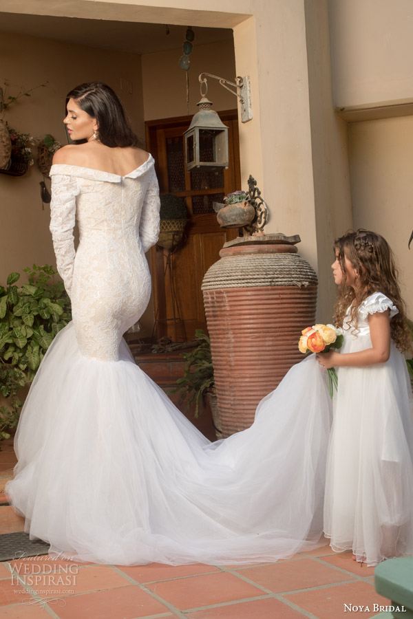 noya bridal riki dalal 2015 style 1111 off shoulder long sleeve lace wedding dress split neckline back view train flower girl