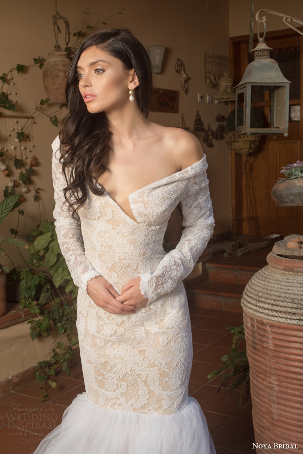 noya bridal riki dalal 2015 style 1111 off shoulder long sleeve lace wedding dress split neckline close up bodice