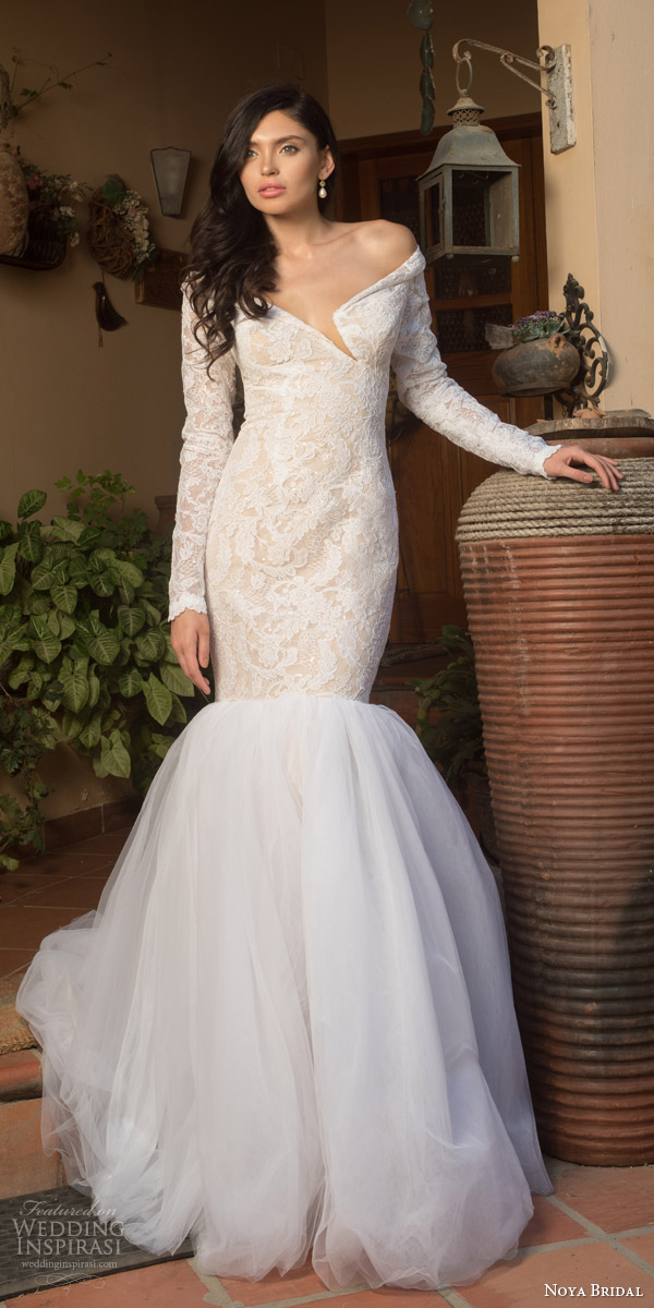 noya bridal riki dalal 2015 style 1111 off shoulder long sleeve lace wedding dress split neckline