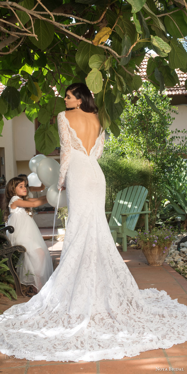 noya bridal riki dalal 2015 style 1113 illusion long sleeve wedding dress sheath silhouette low back view train