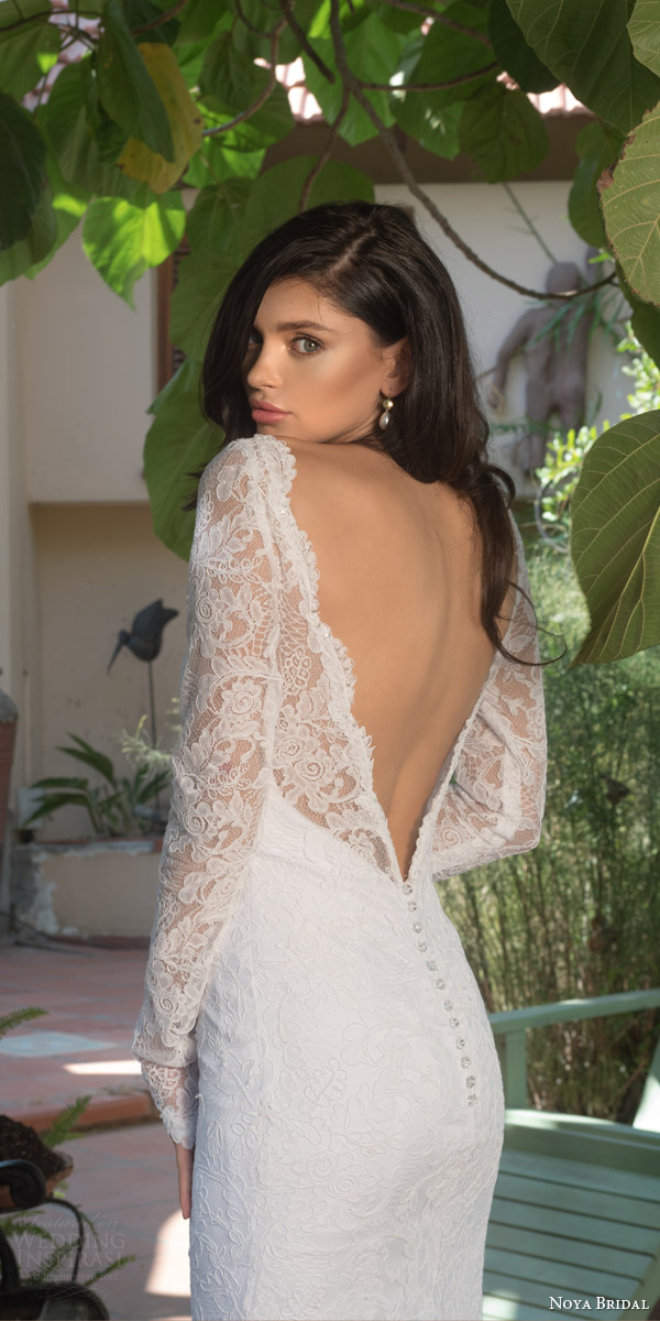 noya bridal riki dalal 2015 style 1113 illusion long sleeve wedding dress sheath silhouette low back view