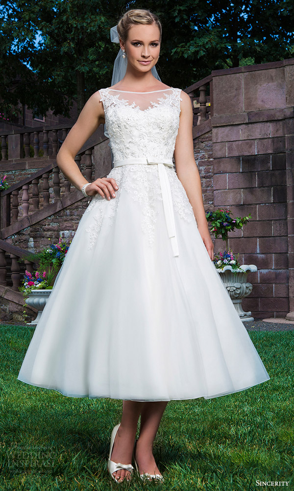 sincerity bridal 2016 style 3855 sleeveless tea length wedding dress embroidered neckline