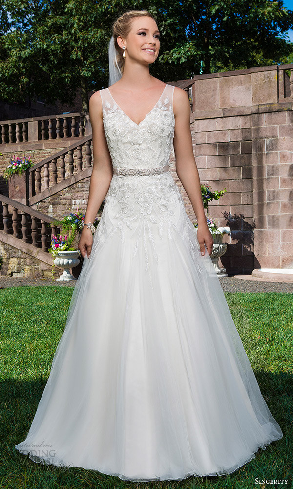 sincerity bridal 2016 style 3858 sleeveless beaded lace tulle wedding dress v neckline