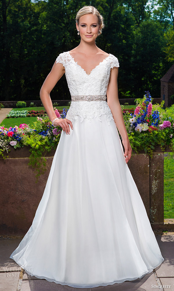 sincerity bridal 2016 style 3860 cap sleeve beaded embroidered lace organza a line wedding dress