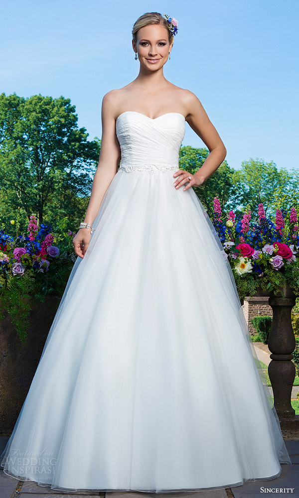 sincerity bridal 2016 style 3866 strapless sweetheart chantilly lace tulle ball gown wedding dress