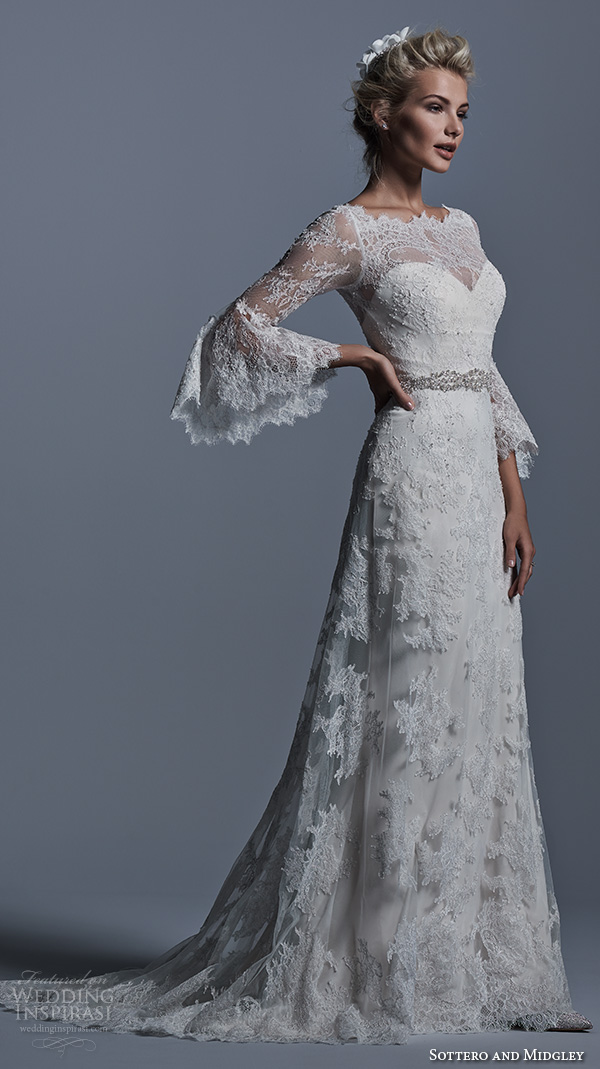 sottero and midgley bridal fall 2015 2016 bateau neckline poet long sleeves lace beautiful a line wedding dress fatima