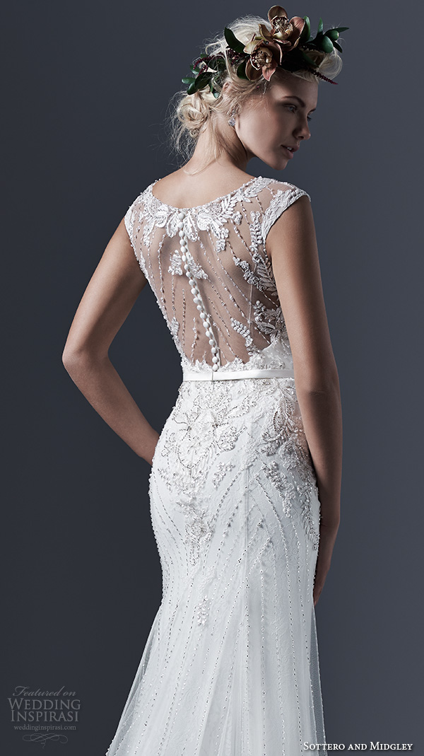 sottero and midgley bridal fall 2015 2016 beckett illusion neckline cap sleeves tulle pearl sheath wedding dress back view train back closeup sottero and midgley bridal fall 2015 2016 beckett illusion neckline cap sleeves tulle pearl sheath wedding dress back view train back closeup