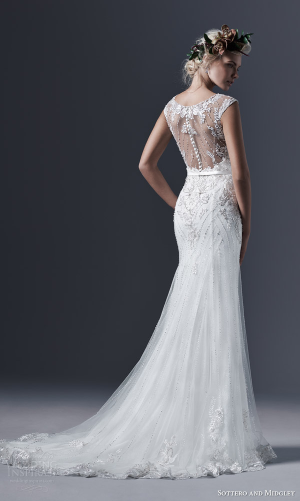 sottero and midgley bridal fall 2015 2016 beckett illusion neckline cap sleeves tulle pearl sheath wedding dress back view train