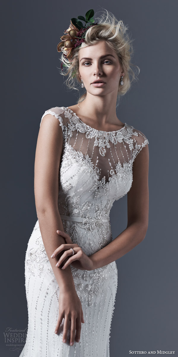 sottero and midgley bridal fall 2015 2016 beckett illusion neckline cap sleeves tulle pearl sheath wedding dress bodice close up sottero and midgley bridal fall 2015 2016 beckett illusion neckline cap sleeves tulle pearl sheath wedding dress bodice close up