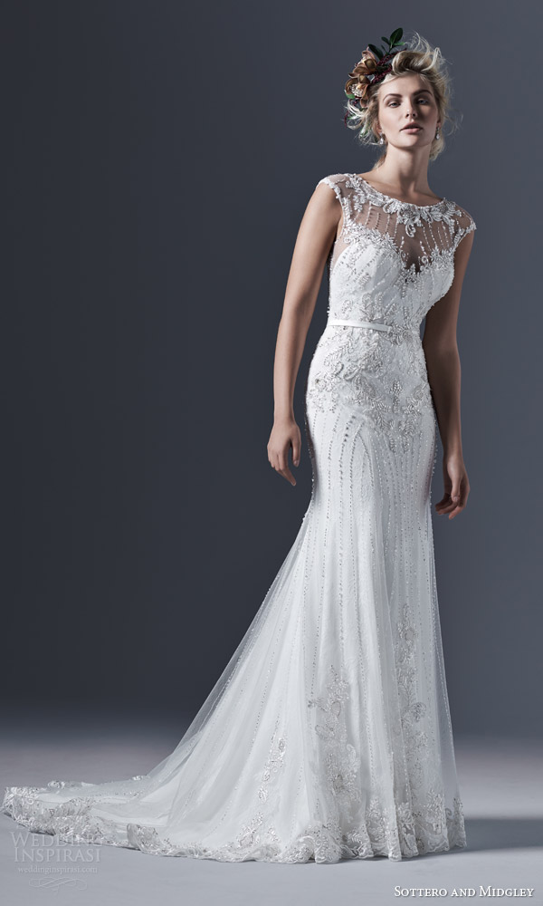 sottero and midgley bridal fall 2015 2016 beckett illusion neckline cap sleeves tulle pearl sheath wedding dress