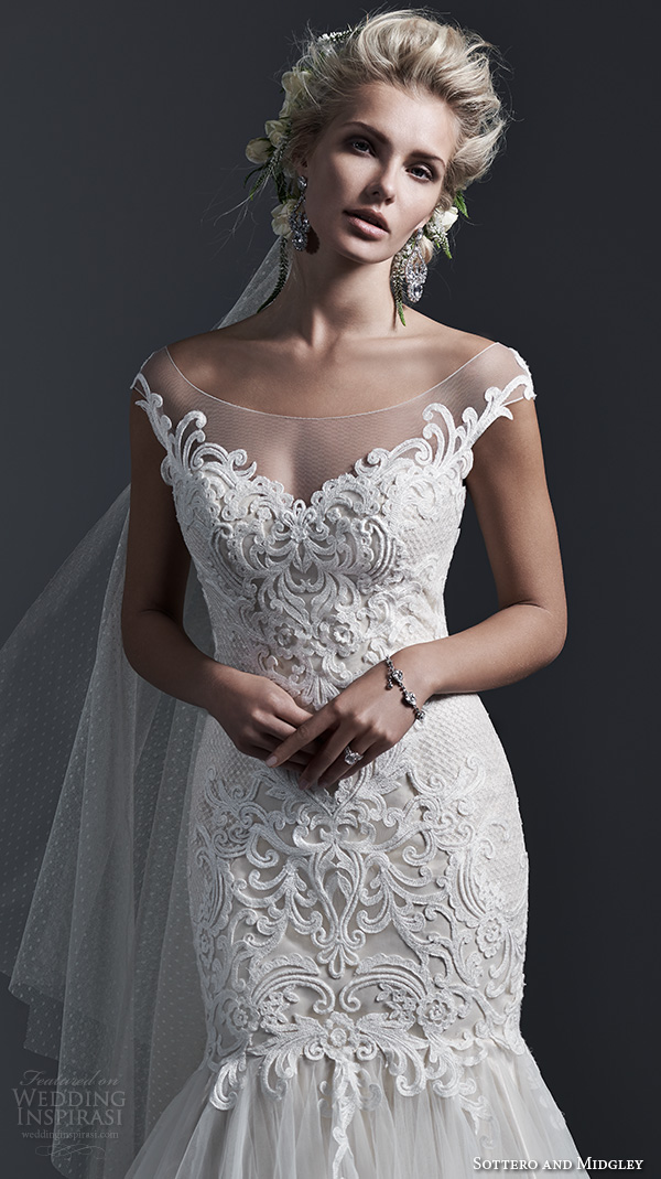 sottero and midgley bridal fall 2015 2016 cap sleeves semi sweetheart neckline embroidery bodice trumpet mermaid wedding dress cassandra closeup