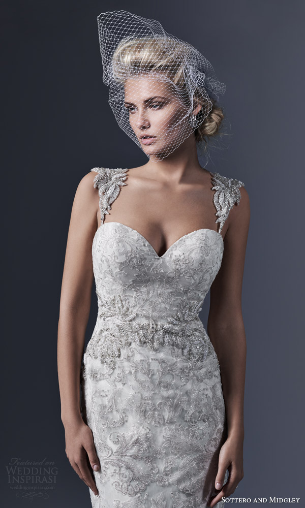 sottero and midgley bridal fall 2015 2016 demetria strapless tulle lace sheath wedding dress swarovksi crystal separate cap sleeves close up