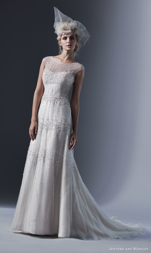 sottero and midgley bridal fall 2015 2016 easton illusion cap sleeve pearl sequins tulle sheath wedding dress