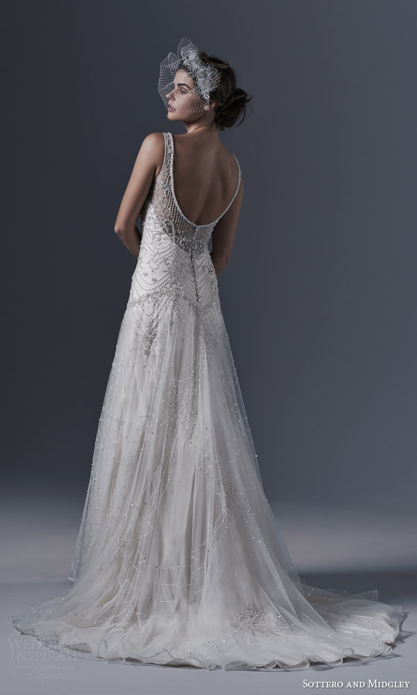 sottero and midgley bridal fall 2015 2016 gwyneth vintage glamour style wedding dress sleeveless pearl swarovski crystal beading back view train