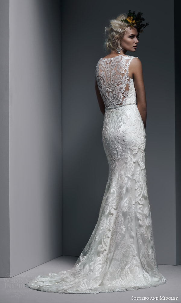 sottero and midgley bridal fall 2015 2016 jaimeson bateau neckline lace tulle sleeveless sheath wedding dress swarovski crystal pearl belt illusion back view sottero and midgley bridal fall 2015 2016 jaimeson bateau neckline lace tulle sleeveless sheath wedding dress swarovski crystal pearl belt illusion back view