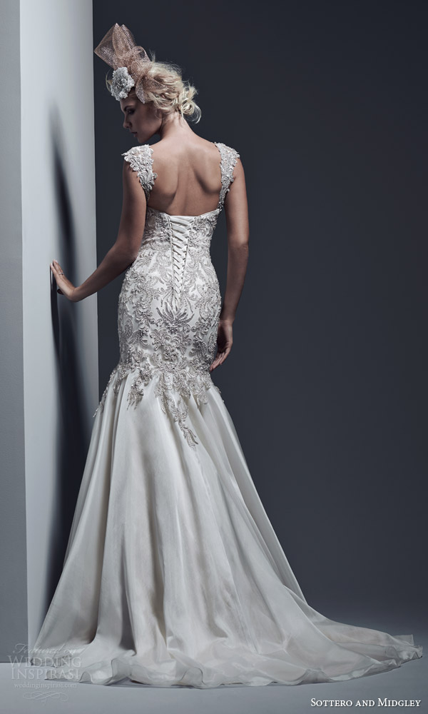 sottero and midgley bridal fall 2015 2016 kaya strapless fit flare wedding dress swarovski crystals bodice vicenza organza skirt cap sleeve option corset back view train sottero and midgley bridal fall 2015 2016 kaya strapless fit flare wedding dress swarovski crystals bodice vicenza organza skirt cap sleeve option corset back view train