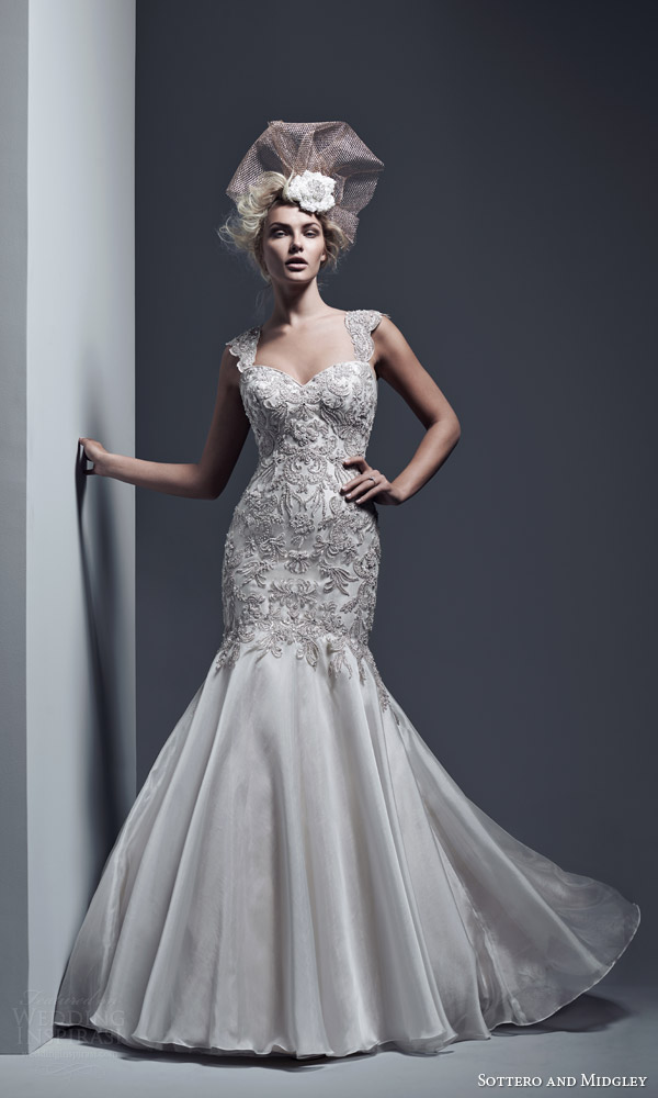 sottero and midgley bridal fall 2015 2016 kaya strapless fit flare wedding dress swarovski crystals bodice vicenza organza skirt cap sleeve option full view