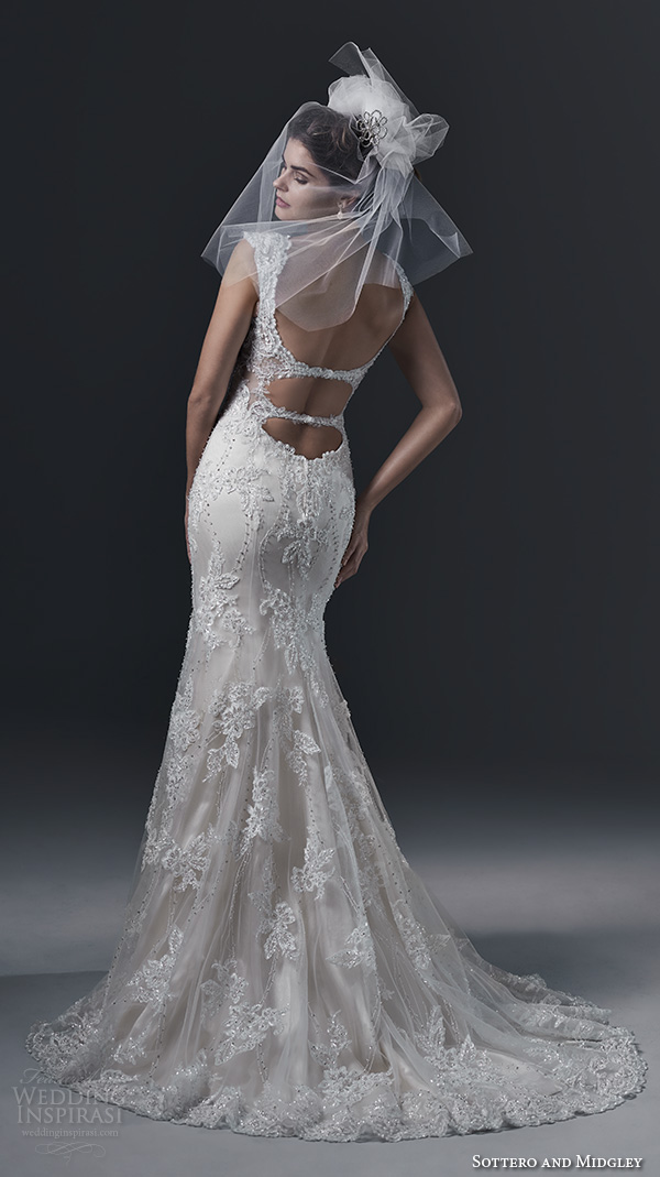 sottero and midgley bridal fall 2015 2016 lace straps v neckline gorgeous embroidered fit and flare mermaid wedding dress brecia back