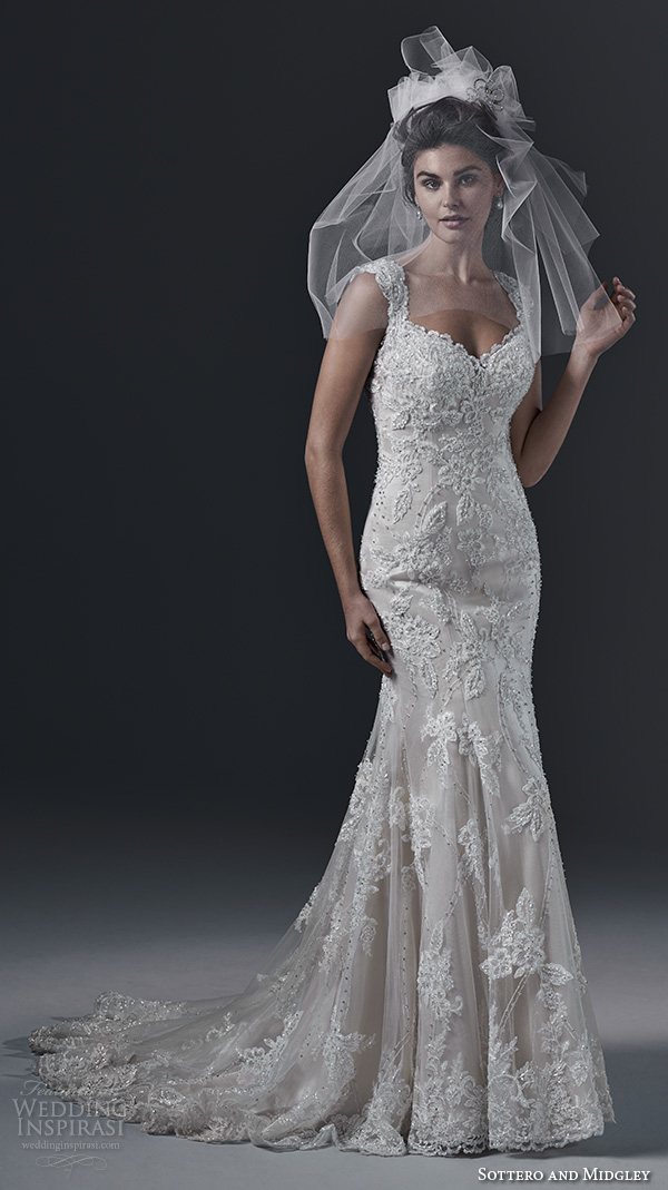 sottero and midgley bridal fall 2015 2016 lace straps v neckline gorgeous embroidered fit and flare mermaid wedding dress brecia