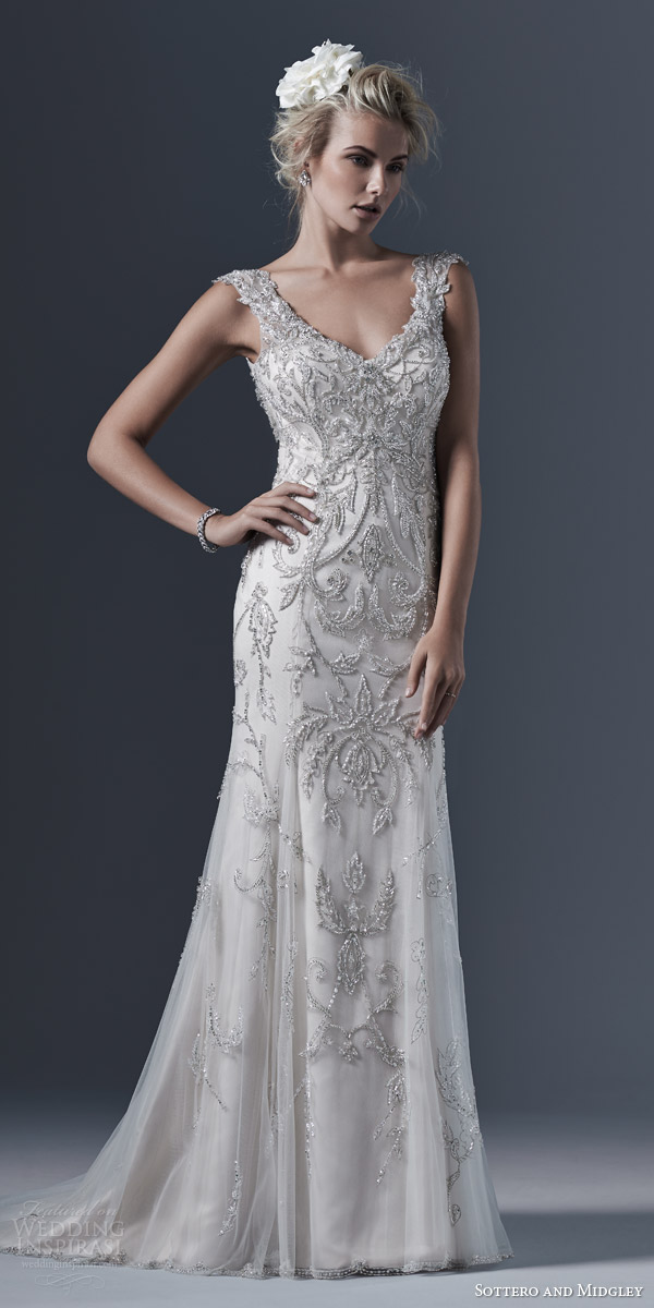 sottero and midgley bridal fall 2015 2016 raphelle beaded embroidery tulle sheath wedding dress v neckline