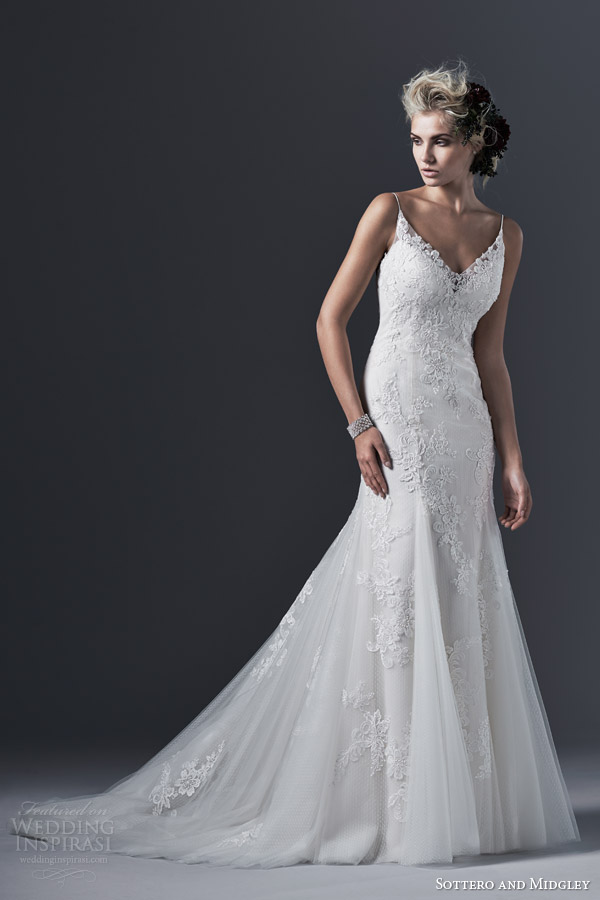 sottero and midgley bridal fall 2015 2016 sandrina sleeveless slim a line wedding dress spaghetti straps godet skirt