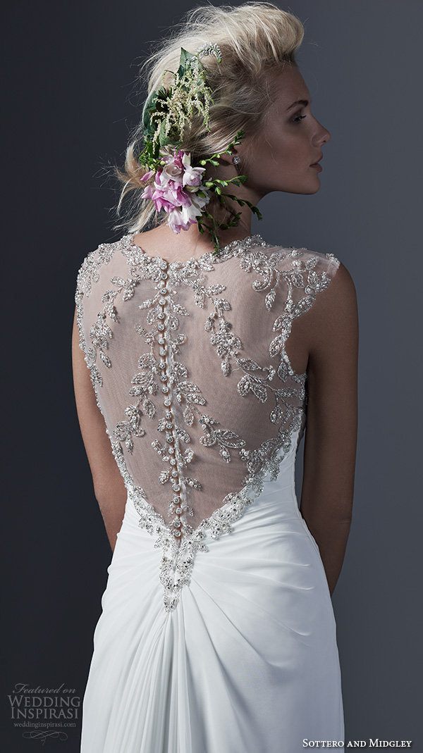 sottero and midgley bridal fall 2015 2016 sleeveless jewel illusion neckline beaded crystals pearls sheath wedding dress cara lynette back closeup