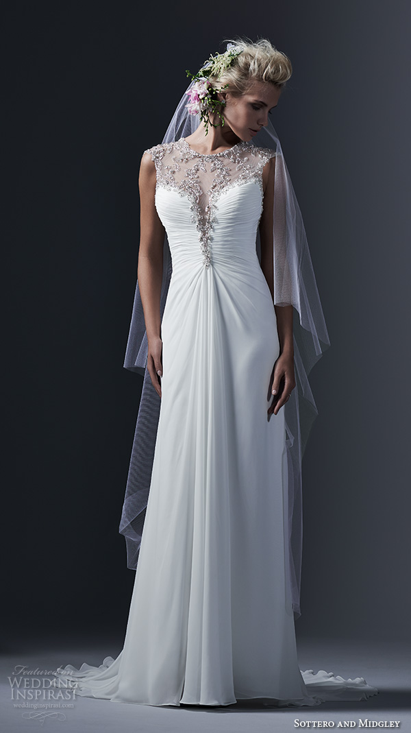 sottero and midgley bridal fall 2015 2016 sleeveless jewel illusion neckline beaded crystals pearls sheath wedding dress cara lynette