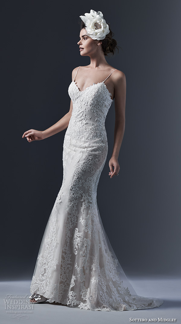 sottero and midgley bridal fall 2015 2016 spagetti straps sweetheart neckline embroidery lace beautiful sheath wedding dress mattea