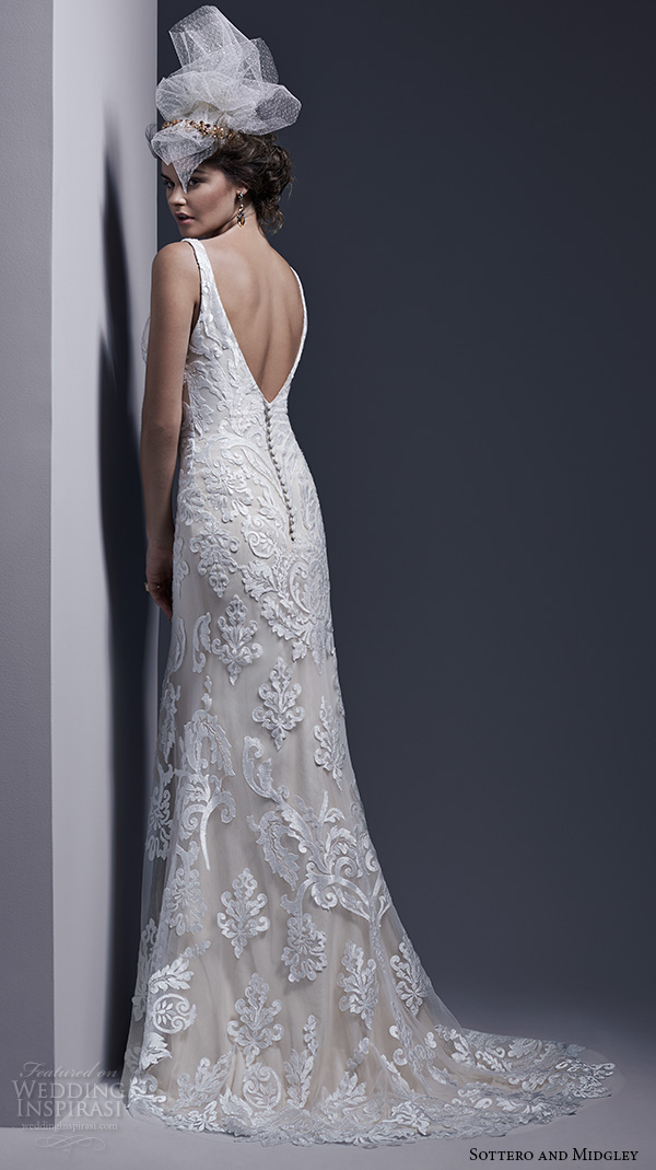 sottero and midgley bridal fall 2015 2016 tatum sleeveless sheath wedding dress lace tulle tank straps back view