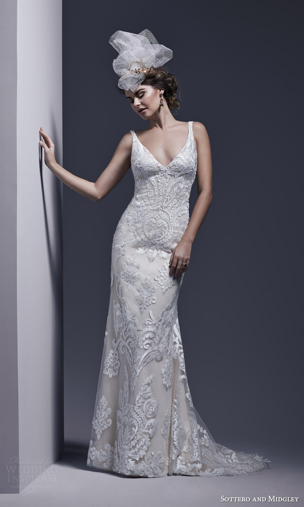 sottero and midgley bridal fall 2015 2016 tatum sleeveless sheath wedding dress lace tulle tank straps