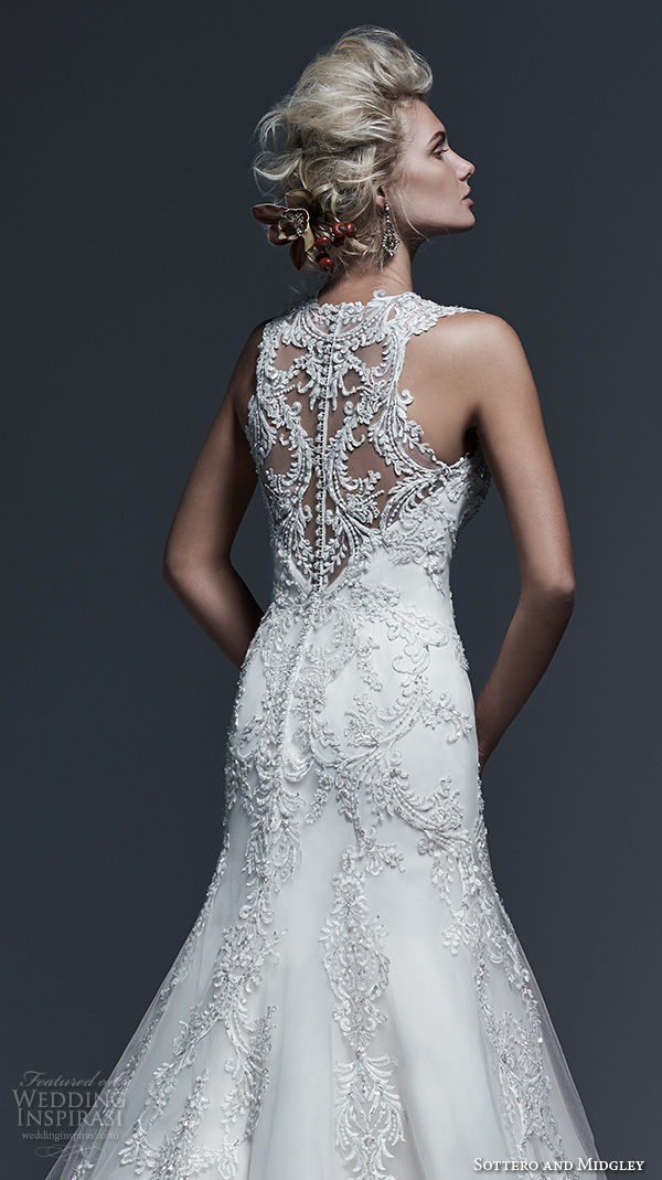 sottero and midgley bridal fall 2015 2016 thick lace straps v neckline embroidery drop waist a line gorgeous wedding dress demetria back closeup sottero and midgley bridal fall 2015 2016 thick lace straps v neckline embroidery drop waist a line gorgeous wedding dress demetria back closeup