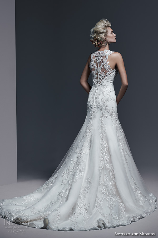 sottero and midgley bridal fall 2015 2016 thick lace straps v neckline embroidery drop waist a line gorgeous wedding dress demetria back