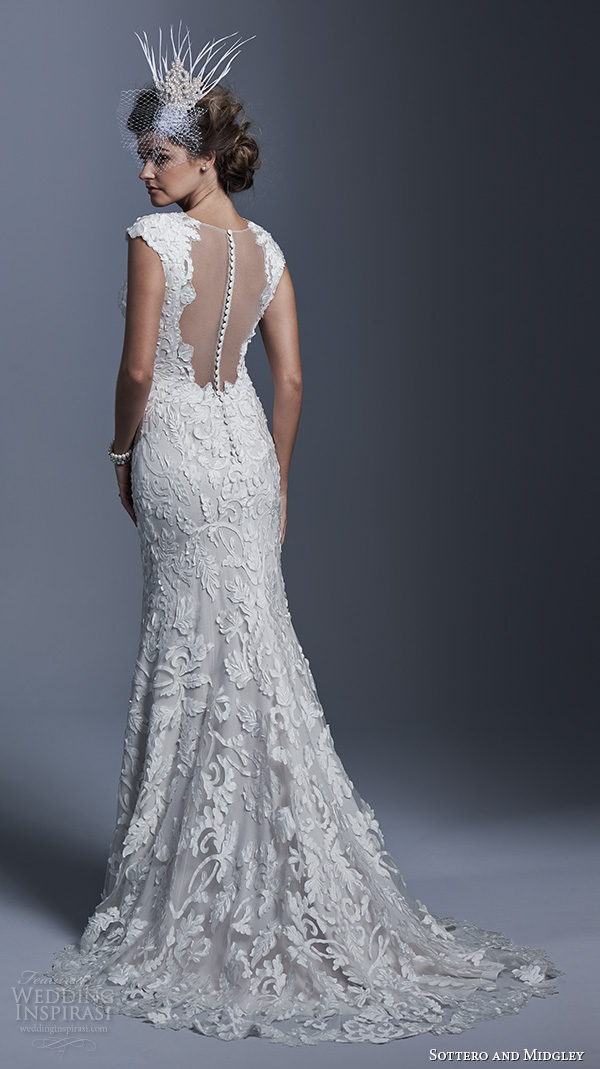 sottero and midgley bridal fall 2015 2016 vidonia cap sleeve sheath wedding dress laser cut lace appliques back view