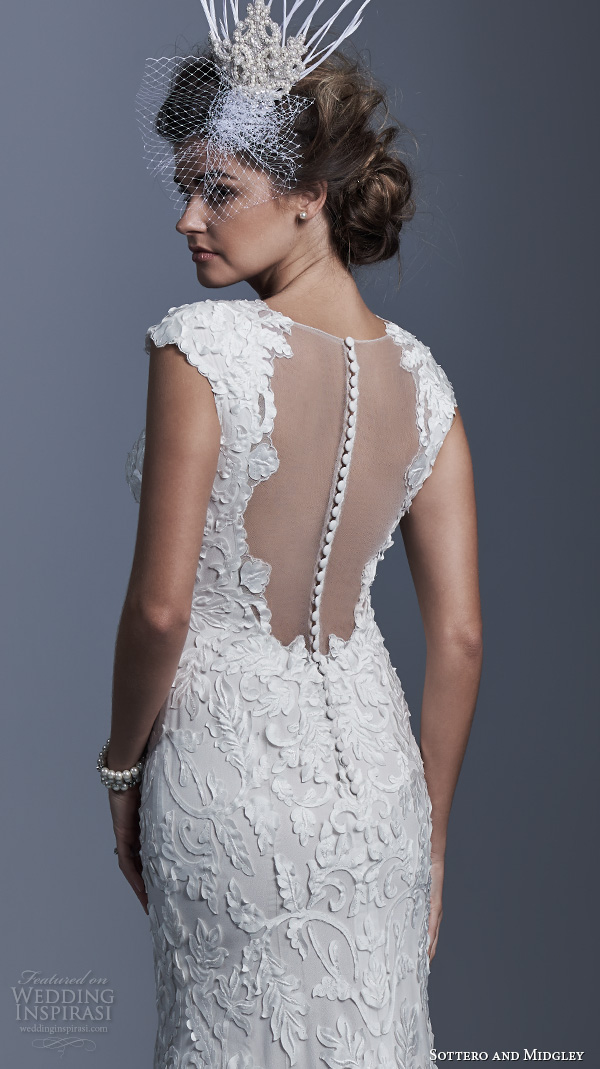 sottero and midgley bridal fall 2015 2016 vidonia cap sleeve sheath wedding dress laser cut lace appliques backup closeup