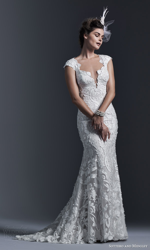 sottero and midgley bridal fall 2015 2016 vidonia cap sleeve sheath wedding dress laser cut lace appliques