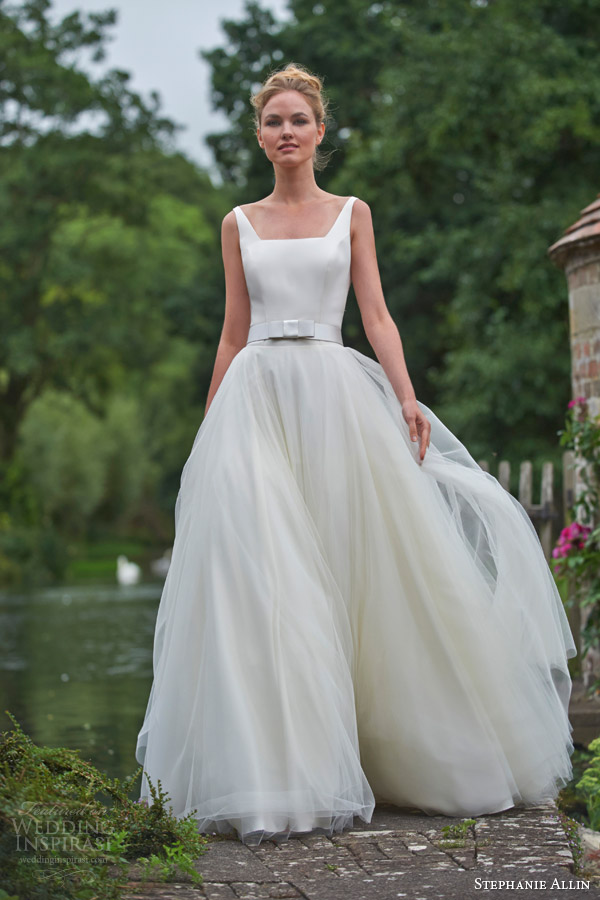 stephanie allin bridal 2016 nicola sleeveless wedding dress angled square necline a line skirt belt