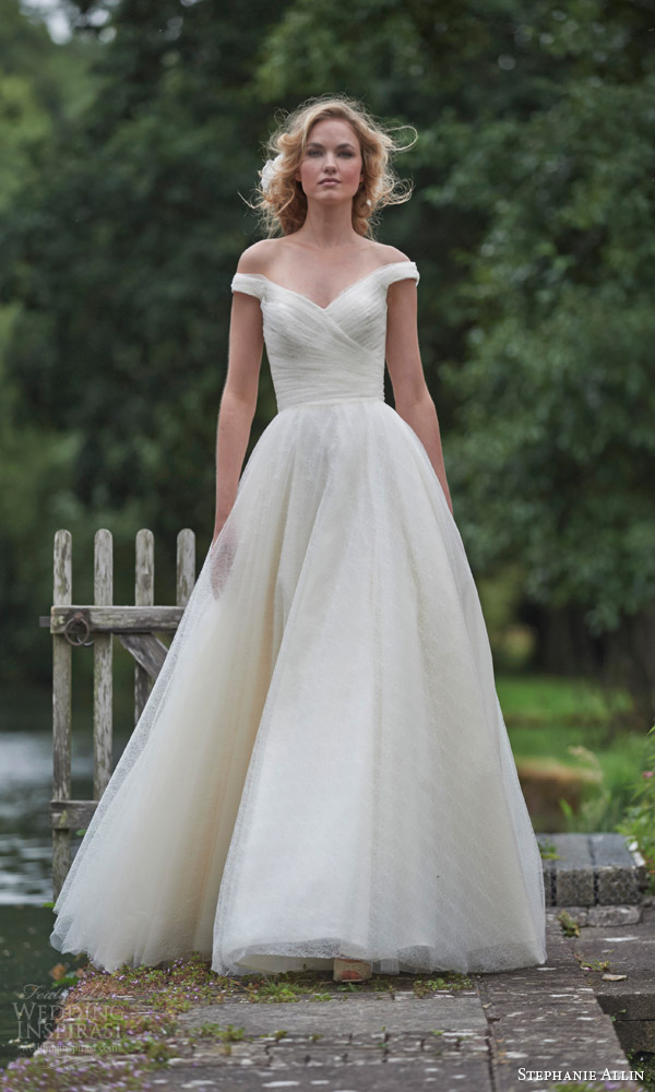stephanie allin bridal 2016 ravello wedding dress off shoulder surplice bodice a line ball gown silhouette