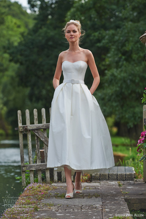 stephanie allin wedding dresses 2016 bridal symphony strapless sweetheart bodice midi tea length skirt buckle belt