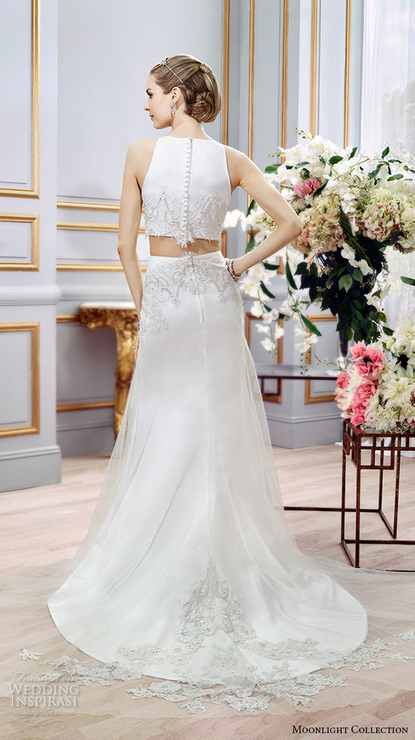 Moonlight collection spring 2016 wedding dresses beautiful 2 piece sheath gown sleeveless jewel neckline embroidered crop top skirt j6396 back