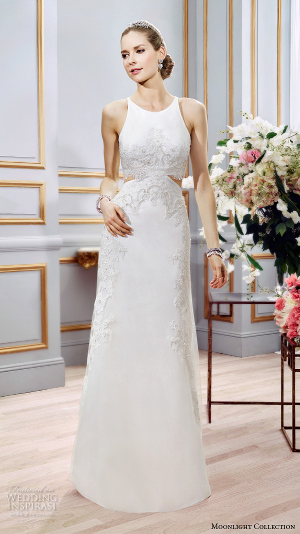 Moonlight collection spring 2016 wedding dresses beautiful 2 piece sheath gown sleeveless jewel neckline embroidered crop top skirt j6396