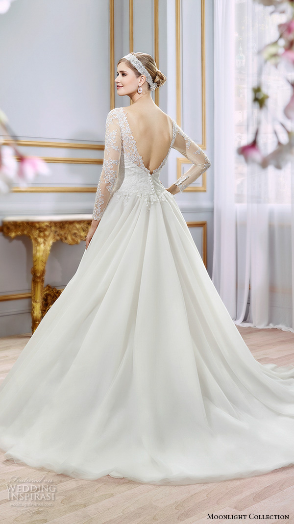 Moonlight collection spring 2016 wedding dresses beautiful a line gown sheer bateau neckline long sleeves lace j6397 open low back