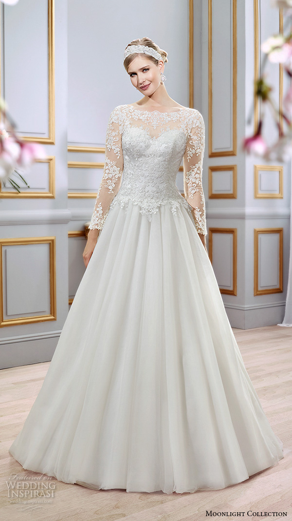 Moonlight collection spring 2016 wedding dresses beautiful a line gown sheer bateau neckline long sleeves lace j6397