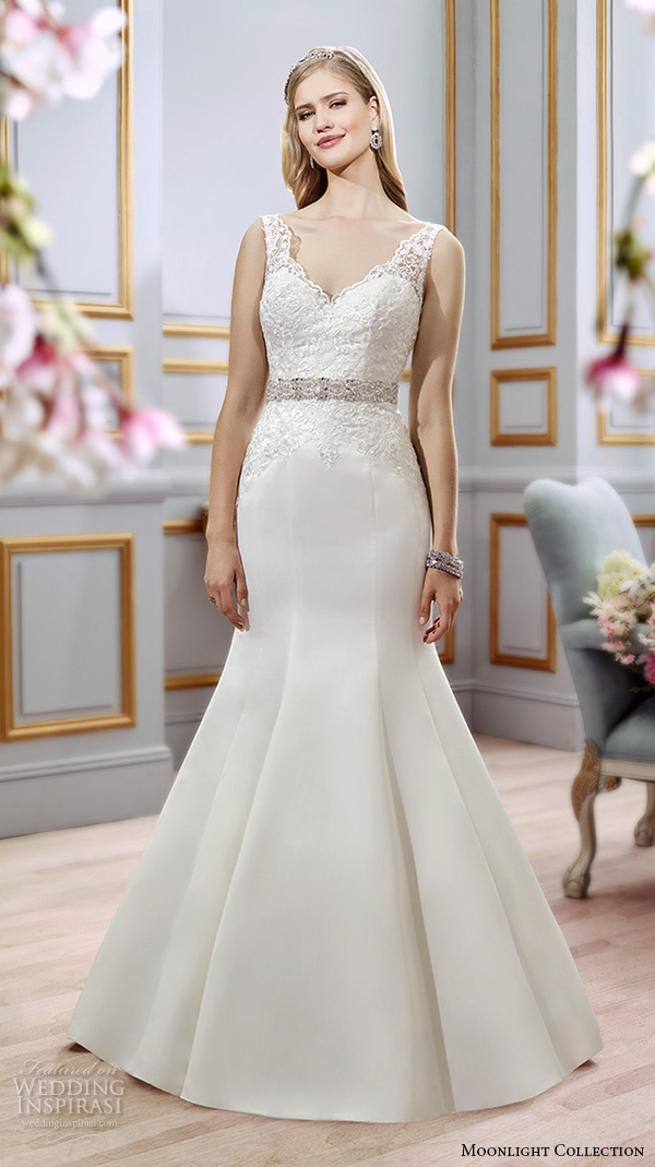 Moonlight collection spring 2016 wedding dresses beautiful mermaid gown fit flare trumpet lace strap v neckline embroidery bodice jeweled belt satin skirt j6391