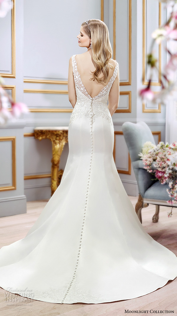 Moonlight collection spring 2016 wedding dresses beautiful mermaid gown fit flare trumpet lace strap v neckline embroidery bodice satin skirt j6391 back