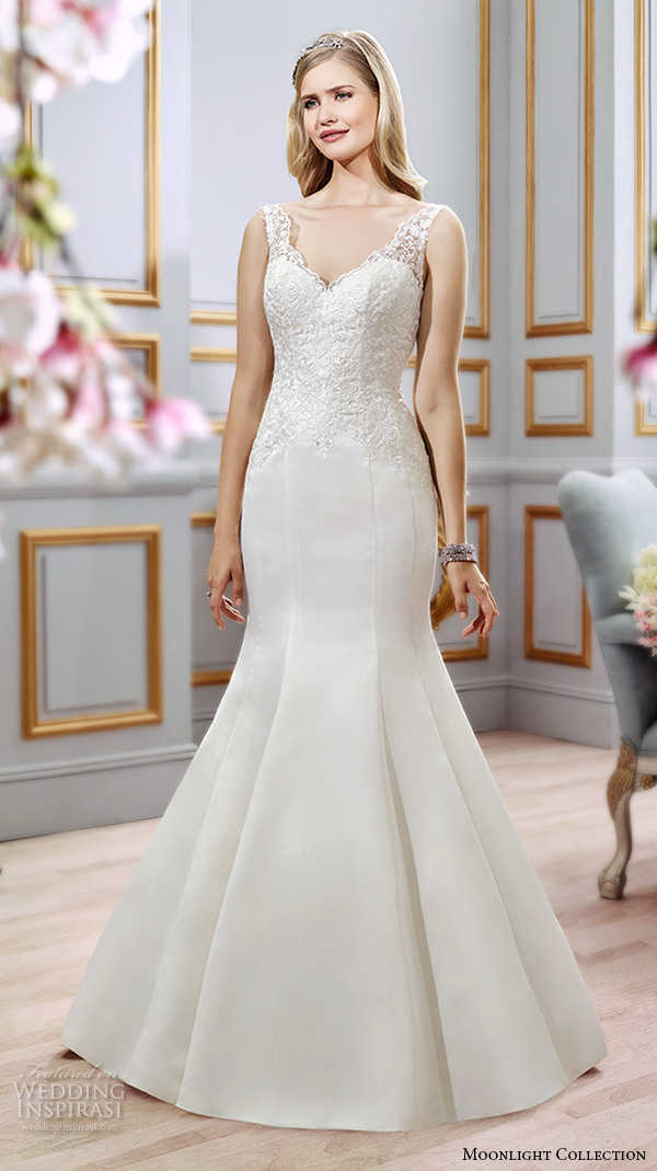 Moonlight collection spring 2016 wedding dresses beautiful mermaid gown fit flare trumpet lace strap v neckline embroidery bodice satin skirt j6391