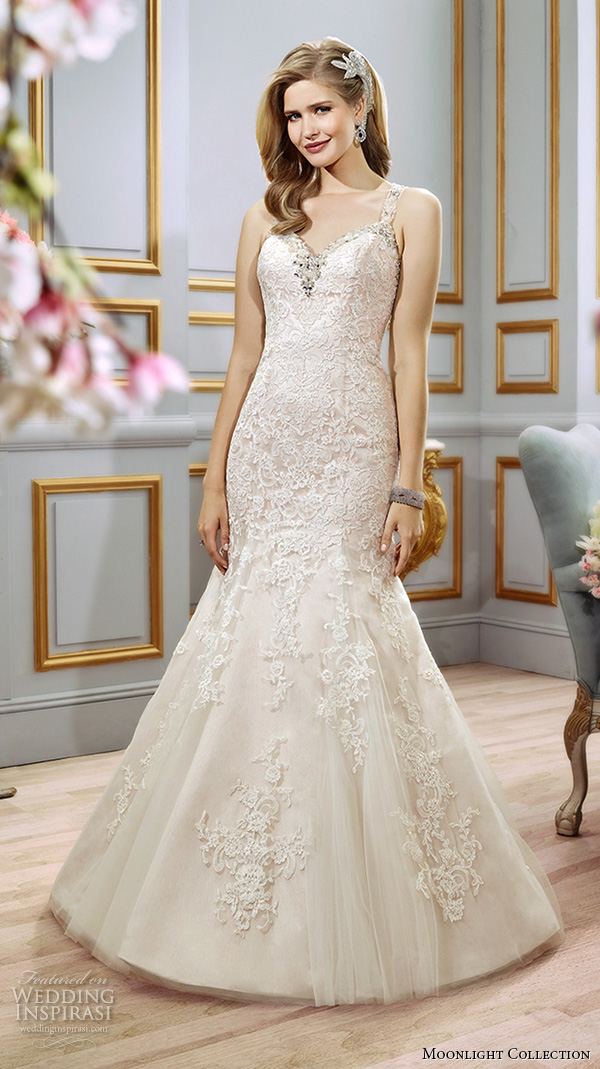 Moonlight collection spring 2016 wedding dresses beautiful mermaid gown trumpet fit flare lace strap v neckline embroidered  j6402