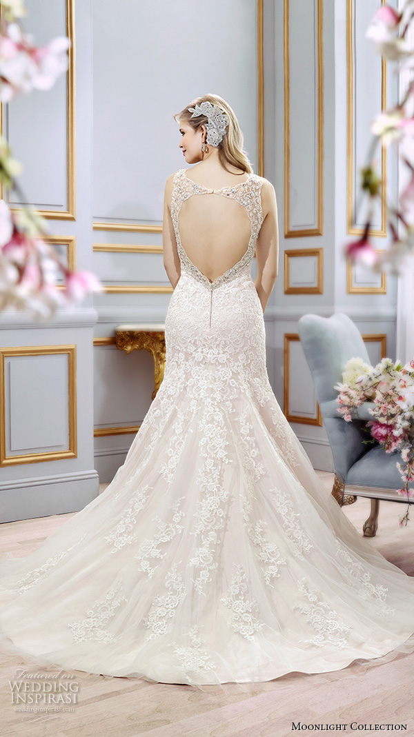 Moonlight collection spring 2016 wedding dresses beautiful mermaid gown trumpet fit flare lace strap v neckline embroidered open key hole back  j6402