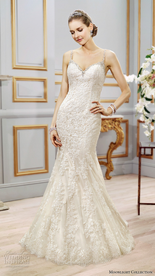 Moonlight collection spring 2016 wedding dresses beautiful mermaid gown trumpet fit flare lace thin spagetti strap sweetheart neckline embroidery lace j6401