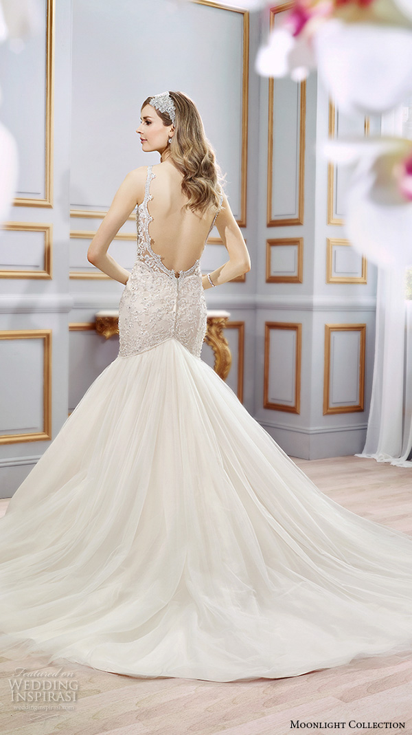Moonlight collection spring 2016 wedding dresses beautiful mermaid gown trumpet fit flare lace thin spagetti strap sweetheart neckline embroidery lace low back j6400 back