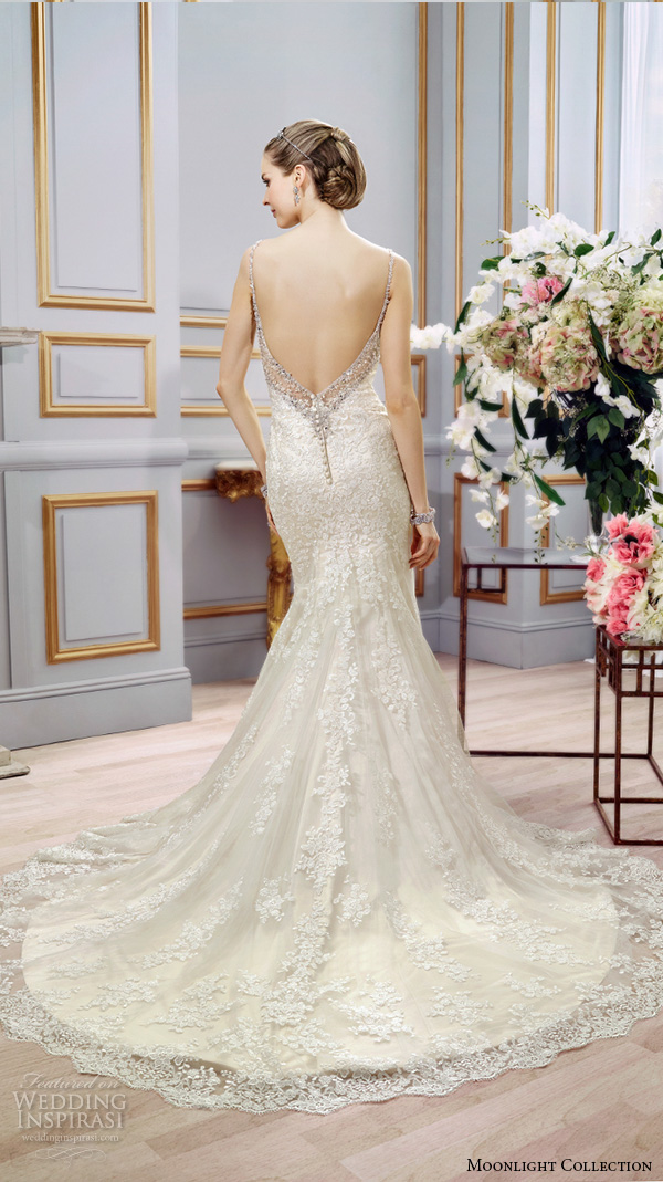 Moonlight collection spring 2016 wedding dresses beautiful mermaid gown trumpet fit flare lace thin spagetti strap sweetheart neckline embroidery lace low back j6401